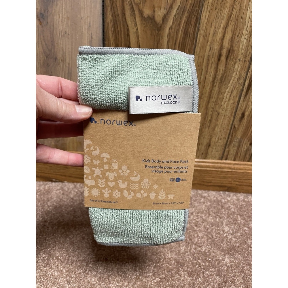 Norwex Kids Baby Body Pack 7.9x7.9" Set 3 Microfiber Washcloth Green Gray
